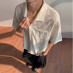 HEARUJOY - Summer Men's Clothing Light Luxury Jacquarded Suit Collar Shirts Streetwear Button-down Short Sleeve Retro Leisure Fashion M-3XL