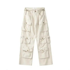 Hearujoy Harajuku Retro Solid Multi Pocket Wide Leg Cargo Pants Functional High Waist Pants Style Hip-Hop Straight Trousers Women Jeans