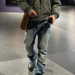 Hearujoy Burn Damaged Mud Dyed Washed Blue Micro Flared Jeans for Men Hip Hop Hole Distressed Baggy Denim Trousers Oversiozed Cargos