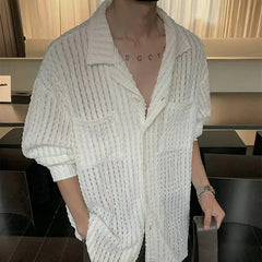 HEARUJOY - Mens Shirts Hollow Knitted Casual Shirts Spring Streetwear Fashion Thin Sexy Ballroom Long-Sleeved Tops Men'S Clothing 2025 New