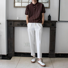 HEARUJOY - Summer New Men's Striped Knitted Short-Sleeved T-Shirt Retro Fashion Trend Casual Simple Loose Breathable Business Men's Tops