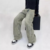 Hearujoy Mens Pants Washed Worn Yellow Mud Jeans Autumn High Waist American Vintage Double Knee Logging Workwear Pants Unisex Pants