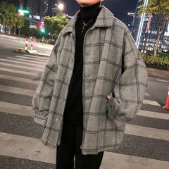 Hearujoy Coat for Male Students Korean Style Trendy Plaid Loose Woolen Brand Middle-aged and Young Jacket Woolen Coat