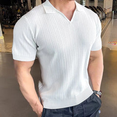 HEARUJOY - Summer New Men's Solid Color Knitted Sweater Short-Sleeved T-Shirt Retro Fashion Trend Casual Simple Loose Breathable Men's Tops