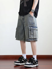 HEARUJOY - Summer Denim Cargo Shorts Men Flap Pockets Wide Leg Baggy Jeans Shorts Big Size 8XL 7XL 6XL Loose Fit Straight Jean Short Male