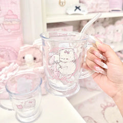 YICKYUE - Cute Cat Pattern Thick Glass Cup Delicate Heat-Resistant Large Capacity Cup With Handle Milk Tea Oat Cup Home Utensils Kitchen