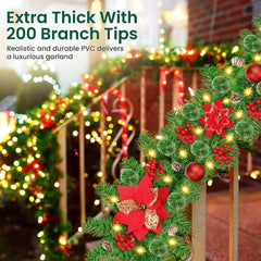 YICKYUE - 2.7M Christmas Garland Decorations with Lights, Christmas Wreath for Home Party Front Door Fireplaces Stairs LED Rattan Garland