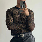Hearujoy Mens autumn sexy see-through hollow long-sleeved lace T-shirt genderless fashion slim black breathable printed top for men