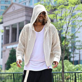 Hearujoy Knit Mesh Coat for Men Hole Hooded Cardigan Long Sleeve Tee Male Hollow Out Casual Autumn Japanese Streetwear Hip Hop