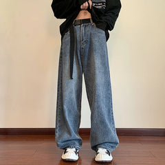 Hearujoy Autumn New Blue Solid Simple Jeans With Belt Male Casual Mopping Denim Pants Men Oversized Zipper Wide Leg Jean Pants