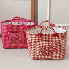 YICKYUE - New Fabric Storage Basket Red Checkered Large Capacity Quilted Laundry Hampers Collapsible Dirty Clothes Handleld Organizer Home