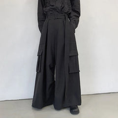 Hearujoy Mens Multi-Pocket Loose Casual Skirts Genderless Japanese Harajuku Street Dark Workwear Style Solid Color Wide Leg Pants Unisex