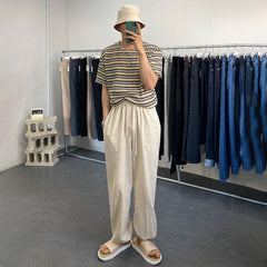 Hearujoy Mens Cotton Linen Casual Straight Leg Cinch Pants Genderless 2024 New Summer Fashion Simple Youth Thin Solid Color Pants Unisex