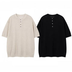 YICKYUE - Summer Solid Color Henley Neck Short Sleeve T-Shirt Men's Breathable Cotton Crew Neck Casual Tee Regular Fit Clothing XXL