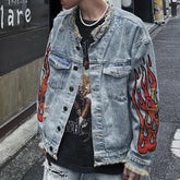 Hearujoy High Street Cleanfit Ripped Flame Embroidery Hole Washed Blue Denim Jackets Men and Women Vintage Frayed Baggy Jeans Coat