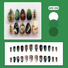 YICKYUE - 24Pcs False Nails Forest Print Almond Shape Butterflies Mushrooms and Polka Dots Press-On Nails—Perfect As A Gift for Girls