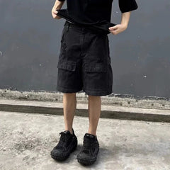 Hearujoy Vintage Ripped Damaged Black Cargo Shorts for Men High Street Wide Leg Baggy Overalls Distressed Summer Knee Length Pants
