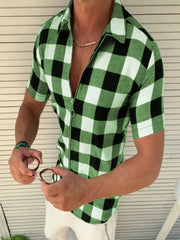 HEARUJOY - Fashion Plaid Printed Shirts For Men Slim Fit Short Sleeved Zipper Cardigan Top Summer Leisure Tshirt Streetwear Mens Clothing