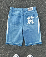 Hearujoy American fashion trend Street style wide-leg Jeans for men Y2k embroidered baggy jeans Goth punk High street casual shorts