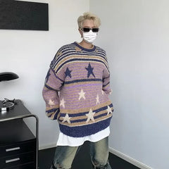 Hearujoy Y2K Star Sweater Men Harajuku Striped Knitted Pullovers Jumpers Male Tops Oversize Purple Winter Streetwear Hip Hop