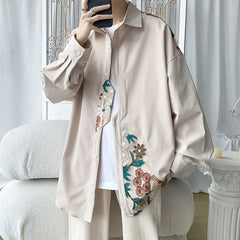Hearujoy Autumn Embroidered Shirts Men Fashion Retro Flower Shirts Mens Japanese Streetwear Loose Long Sleeve Shirts Men Plus Size M-5XL
