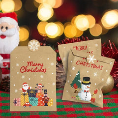 YICKYUE - 24 Christmas Kraft Paper Snack Bags, Holiday Packing Bags Featuring Santa Claus Snowman Prints, Candy Buffet Paper Bags For Xmas