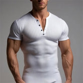 HEARUJOY - Men's Threaded T-shirt Summer Running Sports Fitness Clothes Muscle Slim Fit Short Sleeve T-shirt V-neck Collar Casual Tops