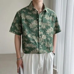 HEARUJOY - Loose Maple Leaf Flower Shirt Men's Short-sleeved Mature Style Casual Five-point Sleeves