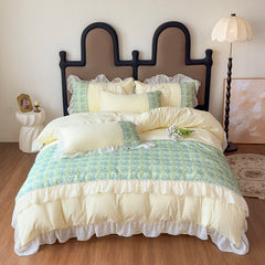 YICKYUE - 3/4Pcs Korean Princess Style Luxury Haute Couture Chiffon Lace Ruffle Queen/King Size Quilt Cover Bed Skirt Double Bedspreads