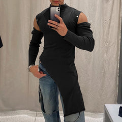 HEARUJOY - Everyday Casual Men Long Sleeve T Shirt Irregular Turtleneck Casual Off Shoulder Top Fall Clothing Regular Length
