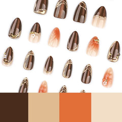 YICKYUE - 24Pcs Fake Nails Autumn/Winter Brown Cat-Eye 3D Floral Short Almond Shape Press-On Nail Tips Perfect Gift for Women and Friends