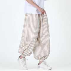 HEARUJOY - Men Casual Harem Pants Man Stripe Loose Jogging Pants Male Streetwear Cotton Linen Trousers Man Harajuku Wide Leg Pants