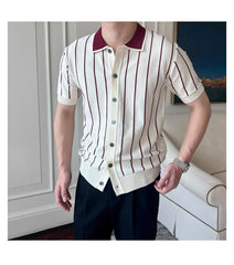 HEARUJOY - Men's Knitted Stripe Short Sleeve T-Shirt, New Summer Fashion Trendy Brand Youth Versatile Casual Polo Shirt