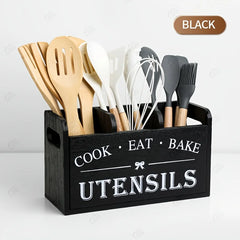 YICKYUE - 1pc Rustic Wooden Kitchen Utensil Holder - 3-Compartment Countertop & Wall-Mounted Organizer for Forks, More - Space-Saving