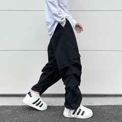 Hearujoy Y2k Black Pleated Pantalones Hombre Baggy Cargos for Men Functional Style Straight Solid Casual Functional Rubber Pants
