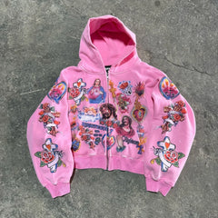 Hearujoy Casual y2k sweatshirt zipper cardigan loose hoodie for women 2024 new versatile printed letters hip-hop geometric pattern