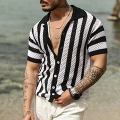 HEARUJOY - Spring Autumn Casual Mens Knitted Shirts Hollow Out Stripe Short Sleeve Lapel Knit Button Cardigans Men Clothes Vintage Tops