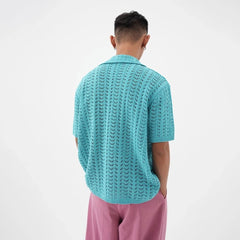 Hearujoy Mens Sexy Hollow Casual Knitted Shirt 2024 New Genderless Fashion Simple Versatile Vacation Thin Short-Sleeve Shirt Unisex