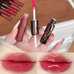 YICKYUE - 1Pc Dark Rose Red Glass Lip Gloss Korean Mirror Water Lip Glaze Double Head Matte Lipstick Non-Sticky Waterproof Lip Tint Makeup