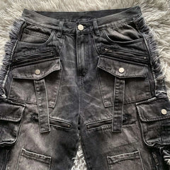 Hearujoy New Heavy Industry Punk Multi-Pocket Harajuku Washed Jeans Women's High Waisted Baggy Jeans Men's Y2K Hip-Hop Wide Leg Pants