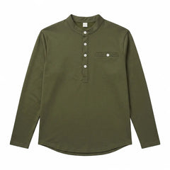 YICKYUE - American Retro Henry Collar Tshirts Mens Long Sleeved Button Placket Pocket Polo Shirts Spring Autumn Casual Loose Knit Tee Top