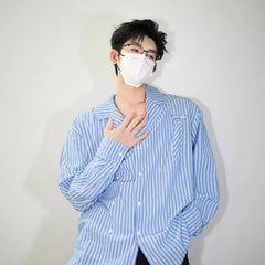 HEARUJOY - Long Sleeved Shirt Men Fashion Society Mens White Dress Shirt Korean Loose Blue Striped Shirt Mens Double Breasted Casual Shirt