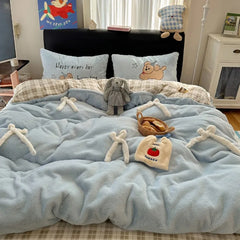 YICKYUE - Winter new soft rabbit fleece four-piece set three-dimensional bow thickened warm milk fleece duvet cover dormitory