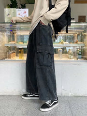 HEARUJOY - Baggy Jeans Men's Oversize Streetwear Fashion Wide Leg Cargo Pants Hip Hop Harajuku Multi-Pocket Denim Trousers Black Blue