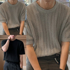 HEARUJOY - Fashion Knitted T-shirt For Men Top Tshirt Loose Fit Knitted Top Regular Length Garment Slight Stretch Material