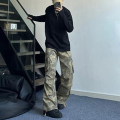 Hearujoy Mens Y2k American Retro Pocket Camouflage Straight Pants Genderless Trendy Hip-Hop Workwear Style Loose Wide-Leg Pants Unisex