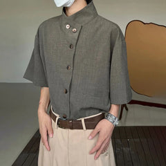 Hearujoy Autumn Mens French High-End Solid Color Short-Sleeved Stand-Up Collar Shirt Niche Design Simple And Chic Street Lgbt Button Top