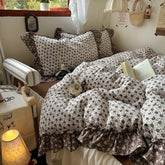 YICKYUE - Ins Princess Bedding Sets Vintage French Pastoral Flowers Lace Ruffles Girls Duvet Cover Set Pillowcase For Home Bedroom