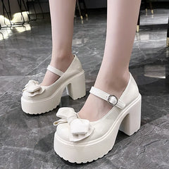 Hearujoy Chunky High Heel Mary Jane Women Shoes PU Leather Bow Design Platform Pumps Shoes for Women High Heels Buckle Strap Party Shoes