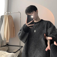 Hearujoy Striped Knitted Sweater Coat Men Japanese Oversize Casual Autumn Winter Loose O-neck Pullovers for Man Streetwear